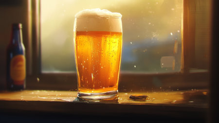 Golden beer in a pint, with warm, soft light highlighting its frothy head and rich color.の素材