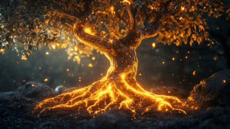 Glowing 3D tree with luminous leaves and roots, illustrating the beauty of natural energy.の素材