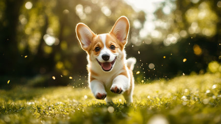 Happy little Pembroke Welsh Corgi puppy bounding through a green clearing, full of energy and happiness.の素材