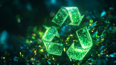 Glowing 3D recycling symbol with vibrant green elements, emphasizing eco-friendly practices.の素材