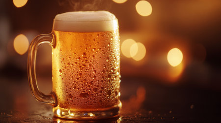 Golden beer in a mug, under warm, soft light, with a frothy head that looks irresistibly inviting.の素材