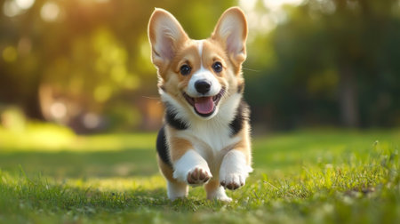 Happy little Pembroke Welsh Corgi puppy playing fetch in a green clearing, looking thrilled.の素材