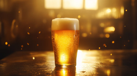 Golden beer in a pint glass, surrounded by warm, soft light, with a thick, frothy head topping it off.の素材