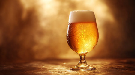 Golden beer with a frothy head, bathed in warm, soft light, creating a welcoming and serene atmosphere.の素材