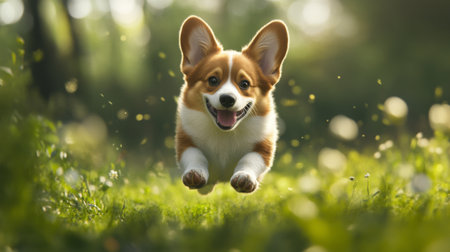 Happy little Pembroke Welsh Corgi puppy bounding through a green clearing, full of energy and happiness.の素材