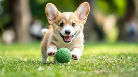 Happy little Pembroke Welsh Corgi puppy playing fetch in a green clearing, looking thrilled.の素材