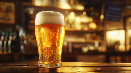 Golden beer with a thick, frothy head, warmly lit by soft light, creating a welcoming and comforting image.の素材