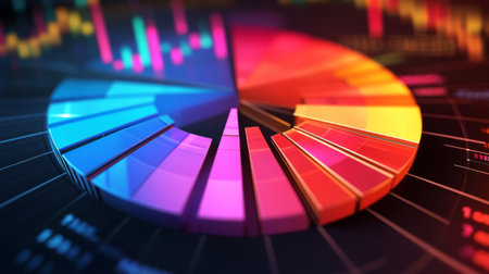 Luminous segments in a 3D financial pie chart, creating a radiant and eye-catching design.の素材