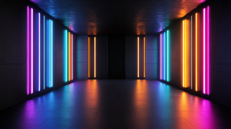 Neon-lit room with black walls, showcasing colorful neon tubes and a sleek interior.の素材
