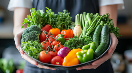 Nutritionist holding a heart-shaped dish of assorted fresh vegetables, promoting healthy eating.の素材