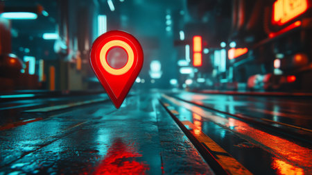 Red map pin highlighting a point on a neon-lit futuristic road at night.の素材