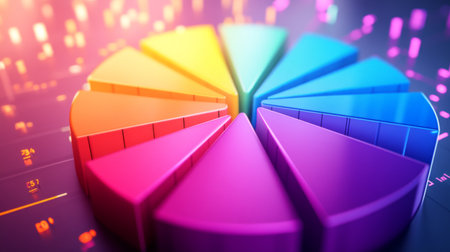 Radiant 3D financial pie chart with glowing segments in vibrant colors, illustrating market share.の素材