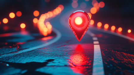 Red map pin highlighting a point on a neon-lit futuristic road at night.の素材