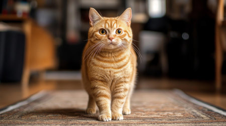 Orange cat standing on the floor, body slightly arched, in a relaxed and content stance.の素材