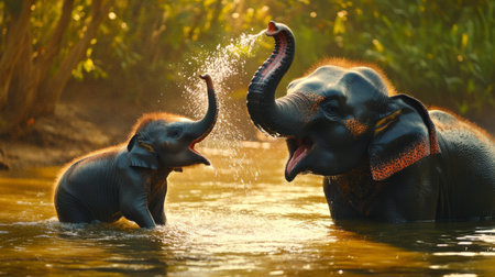 Playful elephant calf in an Indian lake, spraying water with its trunk, with an adult elephant nearby.の素材
