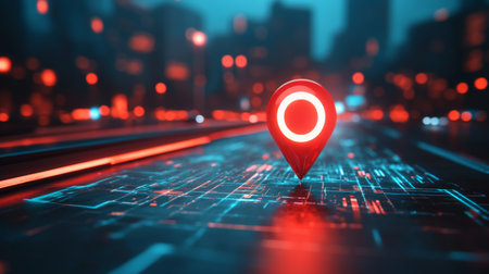 Red map pin marking a location on a futuristic highway with holographic signageの素材