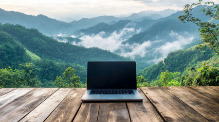 Scenic laptop on a wooden deck, with a breathtaking view of lush green mountains and misty clouds.の素材