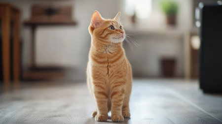Orange cat standing on the floor, ears perked up, in a relaxed and attentive stance.の素材