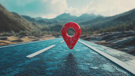 Red map pin standing on a high-tech road with digital navigation overlays.の素材