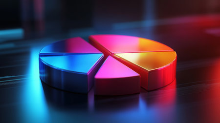 Radiant 3D pie chart with brightly illuminated segments, showcasing financial data clearly.の素材