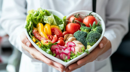 Nutritionist holding a heart-shaped dish of assorted fresh vegetables, promoting healthy eating.の素材