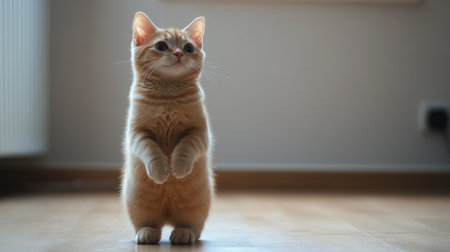 Orange cat standing on the floor, paws slightly apart, in a relaxed stance.の素材