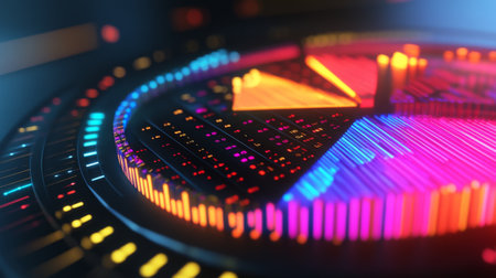 Radiant 3D financial pie chart with illuminated segments, highlighting data distribution.の素材