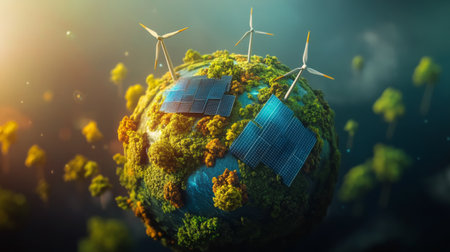 Vibrant 3D globe featuring wind turbines and solar panels, promoting renewable energy.の素材
