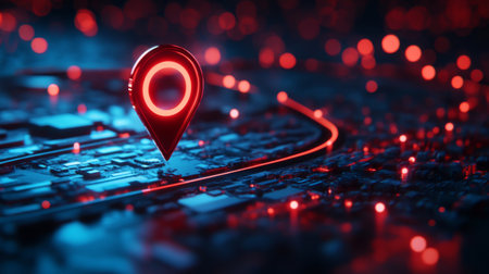 Red map pin marking a location on a futuristic highway with holographic signageの素材