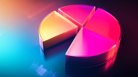 Vibrant 3D financial pie chart with radiant, glowing segments against a sleek background.の素材