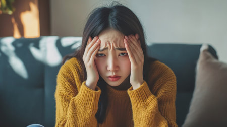 Unwell young Asian woman on a sofa, covering her eyes with her hands, showing signs of a headache.の素材
