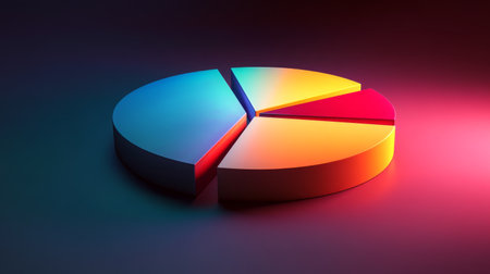 Radiant 3D pie chart with luminous segments, illustrating financial statistics dynamically.の素材