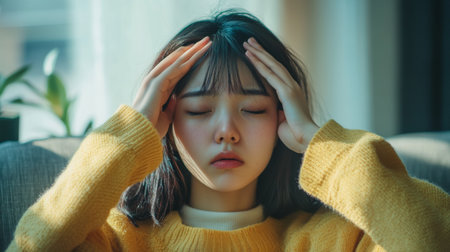 Unwell young Asian woman on a sofa, covering her eyes with her hands, showing signs of a headache.の素材