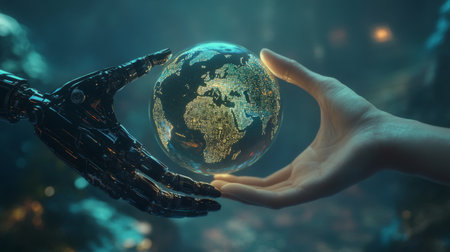 Hands of a robot and a human cradling a digital world with holographic continents and dataの素材
