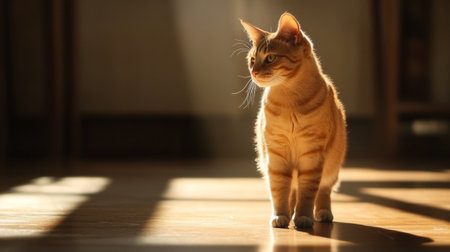 Orange cat standing on a polished floor, looking serene and relaxed, with a peaceful aura.の素材