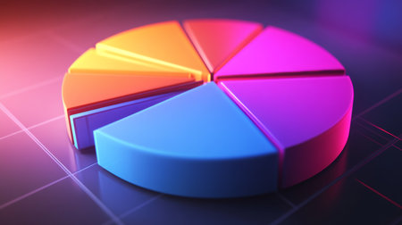 Radiant 3D pie chart with luminous segments, illustrating financial statistics dynamically.の素材