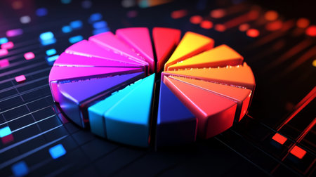 Radiant 3D financial pie chart with brightly colored, glowing segments and dynamic design.の素材