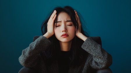 Unwell young Asian woman sitting on a chair, eyes closed, with a pained expression and hands on her head.の素材