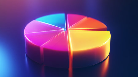 Vibrant 3D financial pie chart with radiant, glowing segments against a sleek background.の素材