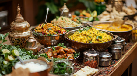 A beautifully arranged buffet table featuring Thai green curry, Indian biryani, and a variety of side dishes and condiments.の素材