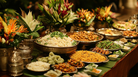 A beautifully arranged buffet table featuring Thai green curry, Indian biryani, and a variety of side dishes and condiments.の素材