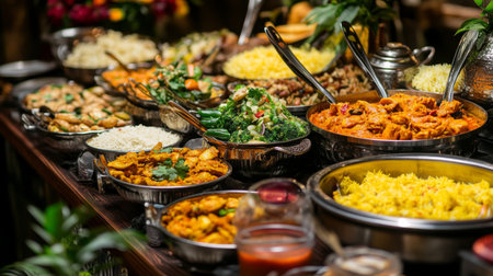 A beautifully arranged buffet table featuring Thai green curry, Indian biryani, and a variety of side dishes and condiments.の素材