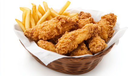 A basket of fried chicken tenders with a side of French fries, arranged neatly on a white background.の素材