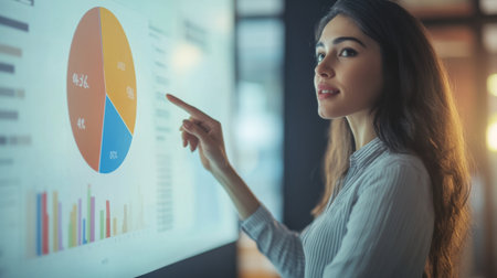 A businesswoman pointing to a section of a pie chart during a presentation, highlighting key data pointsの素材
