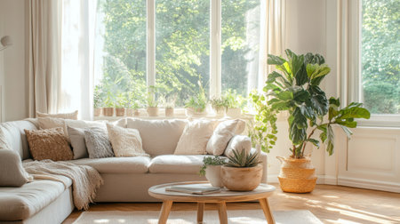 A bright and airy living room with a large bay window, plush sofa, and a coffee table adorned with decorative accents.の素材