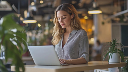 A businesswoman at a standing desk, typing on her laptop, looking focused and determined in a modern office space.の素材