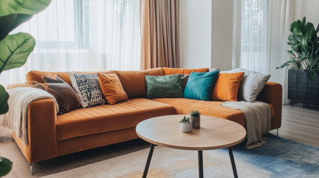 A beautifully decorated living room featuring a plush sectional sofa, colorful throw pillows, and a minimalist coffee table.の素材