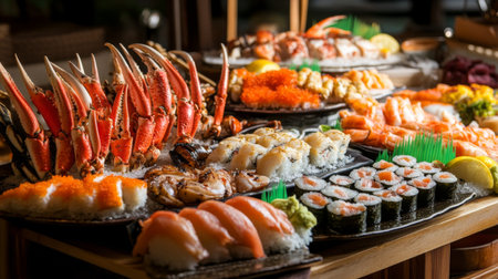 A beautifully arranged seafood buffet at a resort, featuring an array of dishes including sushi, crab legs, and grilled fish.の素材
