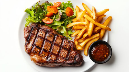 A classic steak dinner with a thick cut of ribeye, golden-brown fries, and a small side salad on a white backgroundの素材