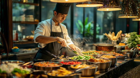 A chef preparing popular Thai and Indian dishes in an open kitchen, with fresh ingredients and vibrant spices in view.の素材